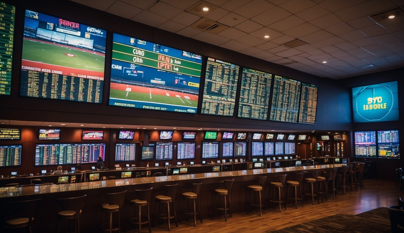 A bustling sportsbook with colorful odds boards and screens displaying various betting options. A sign prominently states "Sports Betting Legal in Michigan."