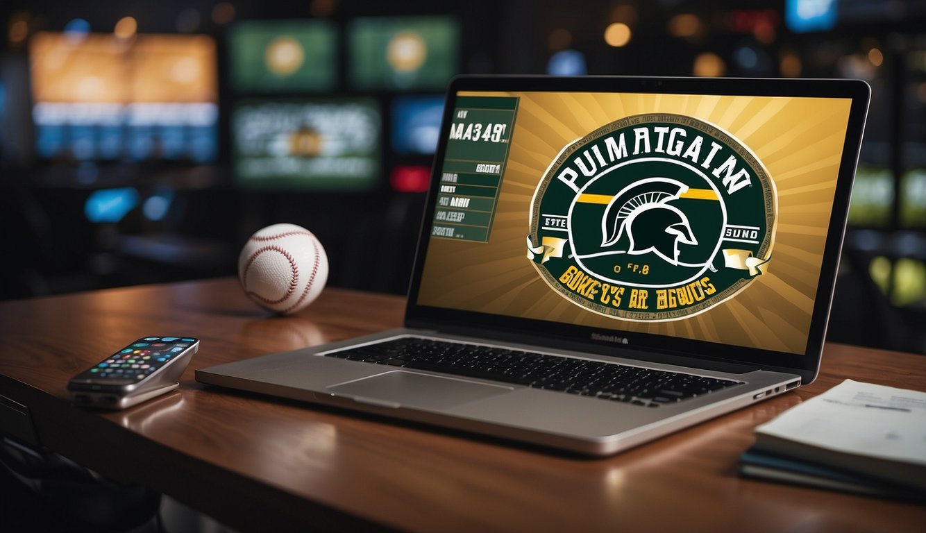 A sports betting website displays "Promotions and Bonuses" with a Michigan state flag in the background, indicating legality