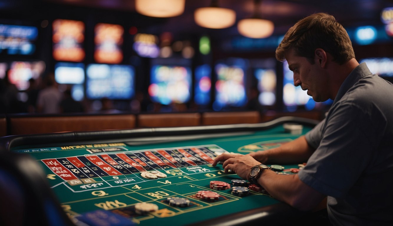 A person placing a bet on a sports game at a legal sportsbook in Michigan, with responsible gambling signage displayed prominently