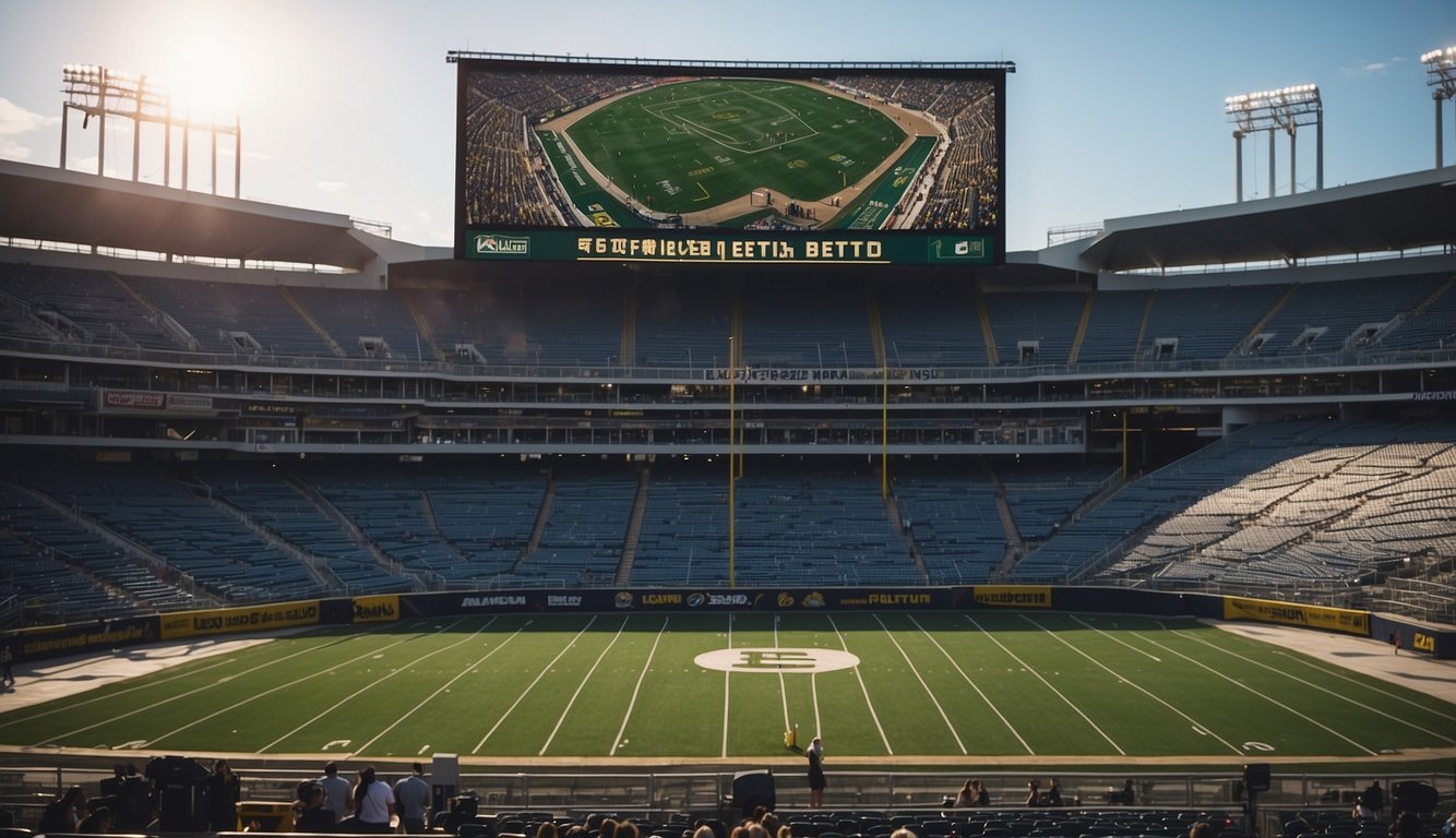 A sports stadium with a large "Sports Betting Now Legal in Michigan" sign displayed prominently. Surrounding the stadium are various partnerships and developments related to sports betting