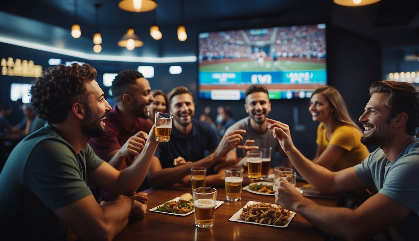 A group of people cheering at a sports bar as they watch a game on a big screen, with betting slips and a betting board in the background