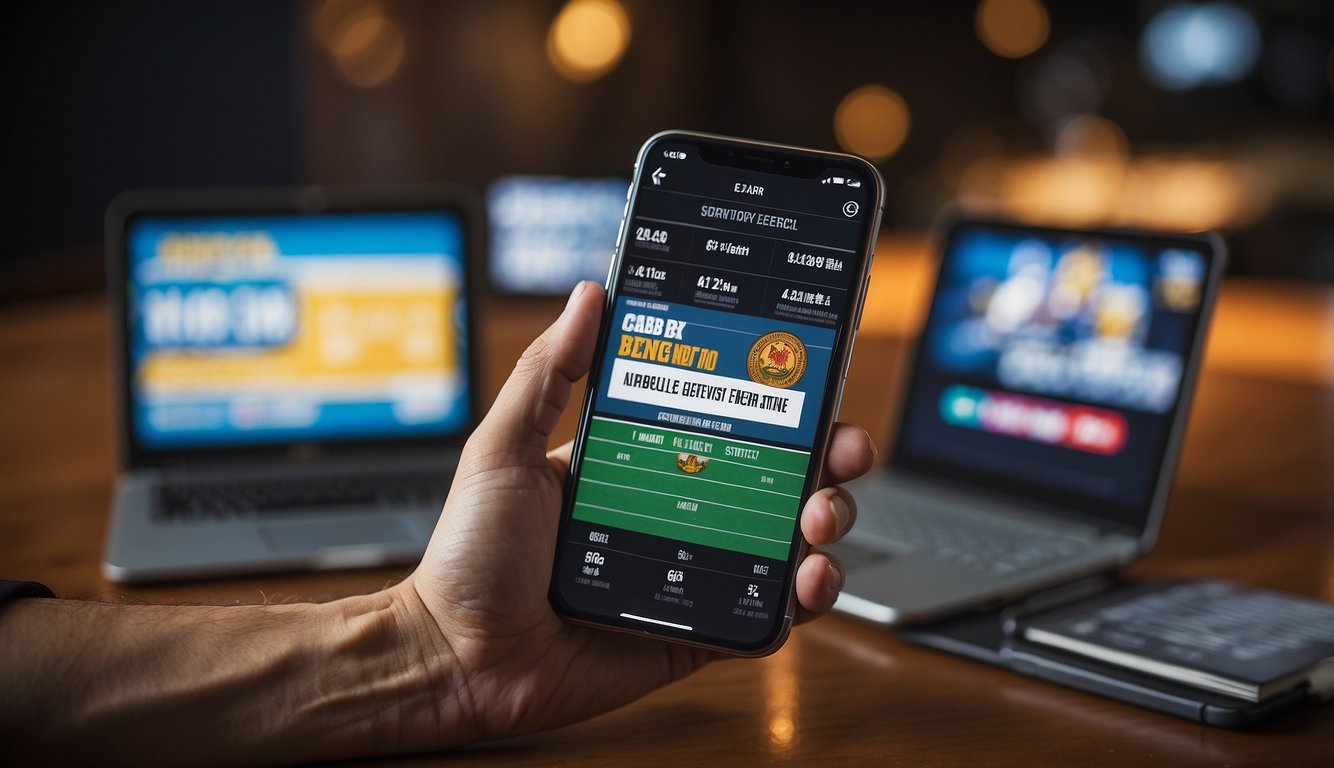 A smartphone displaying a sports betting app with the Minnesota state flag in the background. A hand holding a pen is signing a document legalizing online and mobile betting