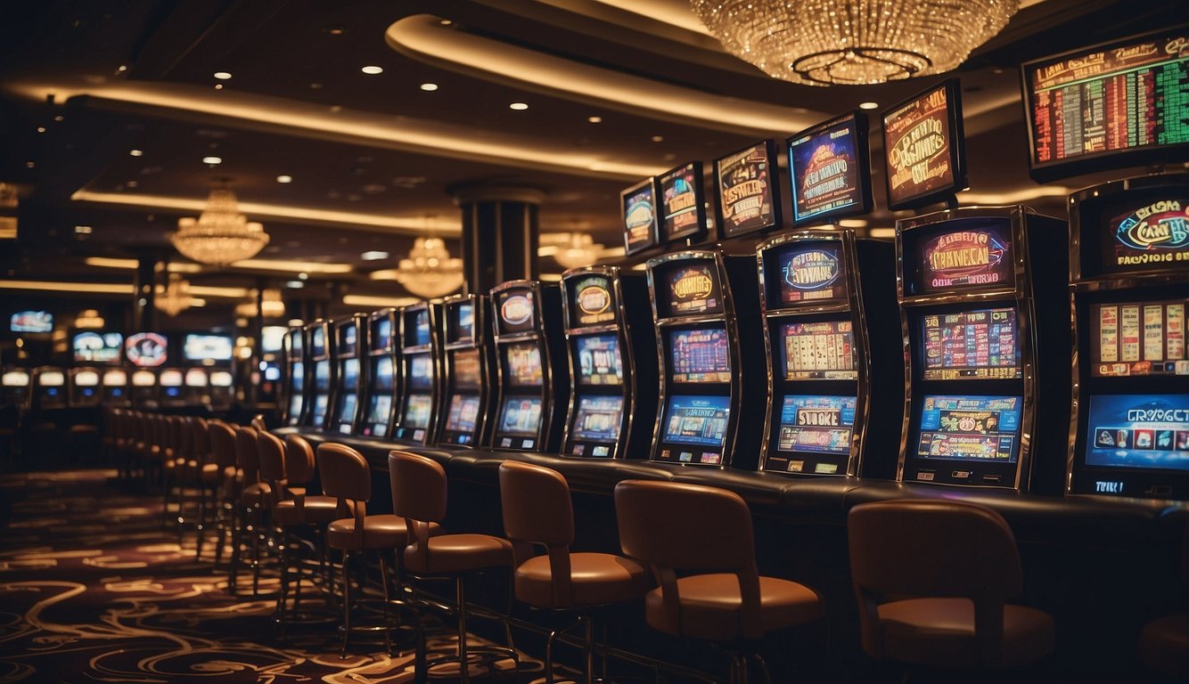 A bustling casino floor with slot machines, card tables, and a sportsbook area. Neon lights and large screens displaying odds and games