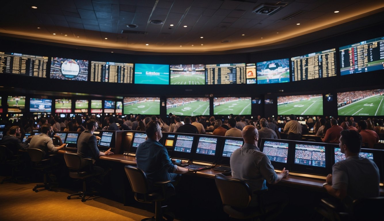 A crowded sportsbook with screens showing odds, a cashier taking bets, and excited fans cheering for their teams