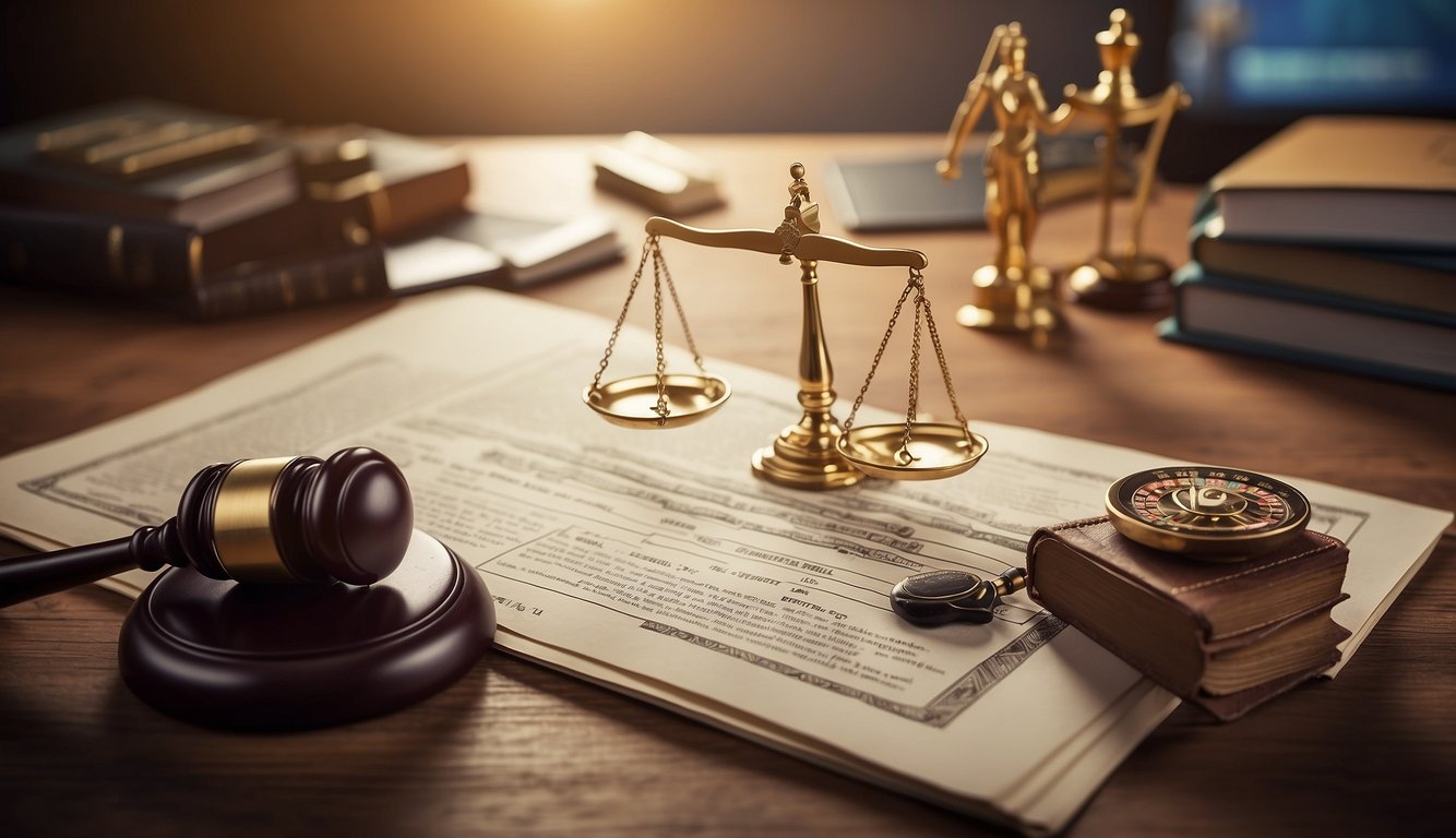 The illustration shows a scale with "Legal" on one side and "Sports Betting in Minnesota" on the other. A gavel and law book sit beside it, while a group of people discuss the topic in the background