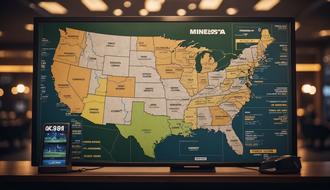 A map of Minnesota with a highlighted border and a sports betting sign. Nearby states with legal sports betting are labeled