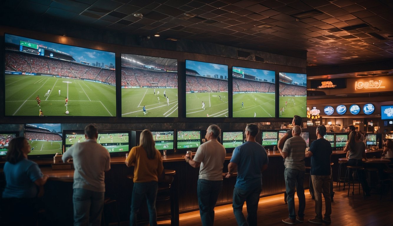 A bustling sports bar with patrons cheering at multiple TV screens showing live sports events. A large electronic billboard displays sports betting odds and promotions