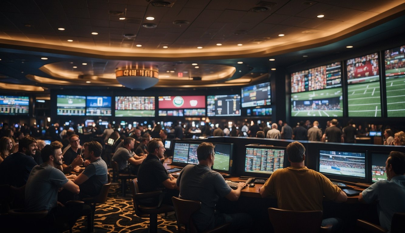 A bustling sportsbook with bright lights and large screens, surrounded by excited patrons placing bets and cheering for their teams