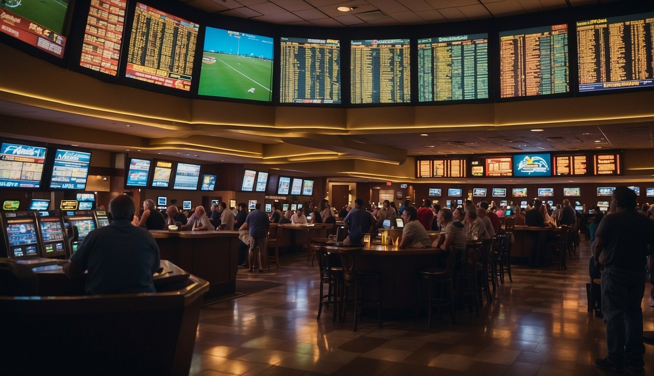 A bustling sportsbook in Mississippi with odds boards, betting windows, and excited patrons placing wagers