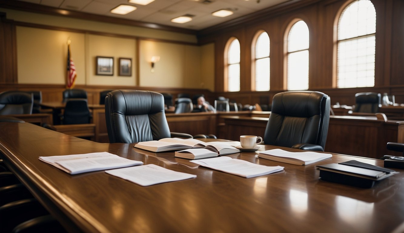 A courtroom with judges and lawyers discussing sports betting laws in Mississippi. Books and legal documents scattered on desks