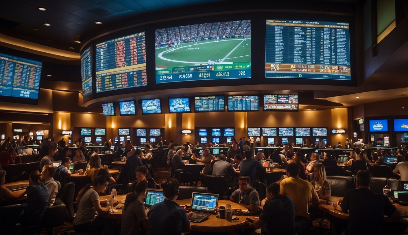 A bustling sportsbook with patrons placing bets and watching games on big screens, surrounded by signs displaying odds and regulations