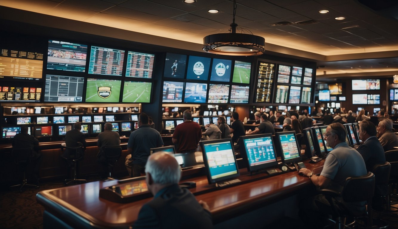 A bustling sportsbook with digital screens displaying odds and a line of customers placing bets at the counter