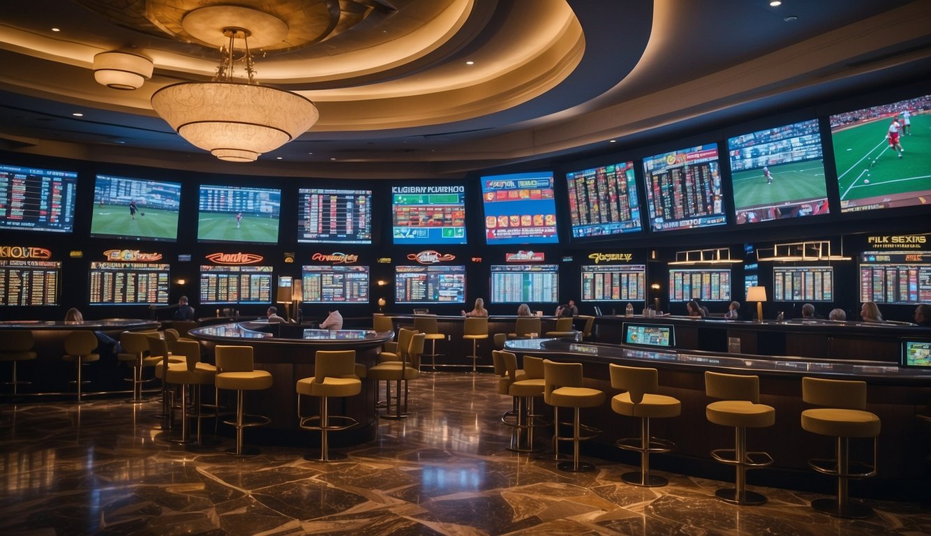 A bustling sportsbook with electronic betting stations and large video screens in a modern Mississippi casino