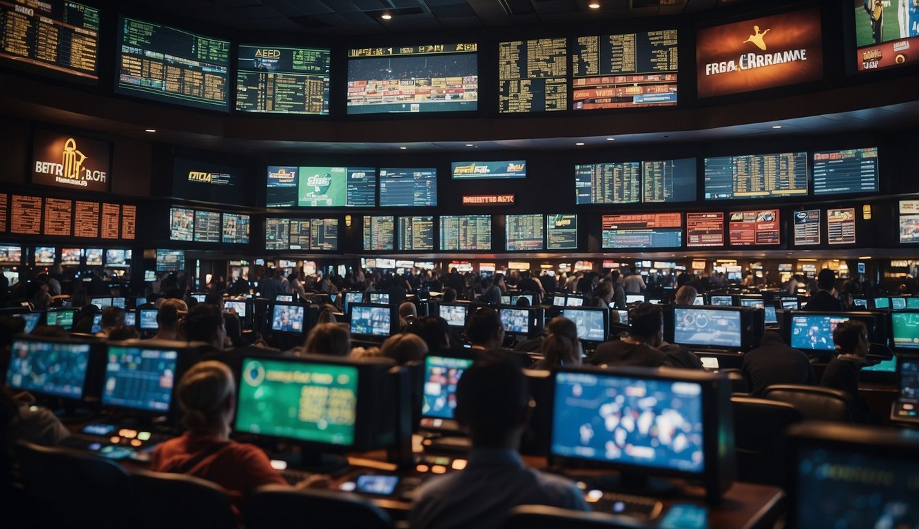 A crowded sportsbook with odds boards, TVs showing live games, and bettors placing wagers at the counter