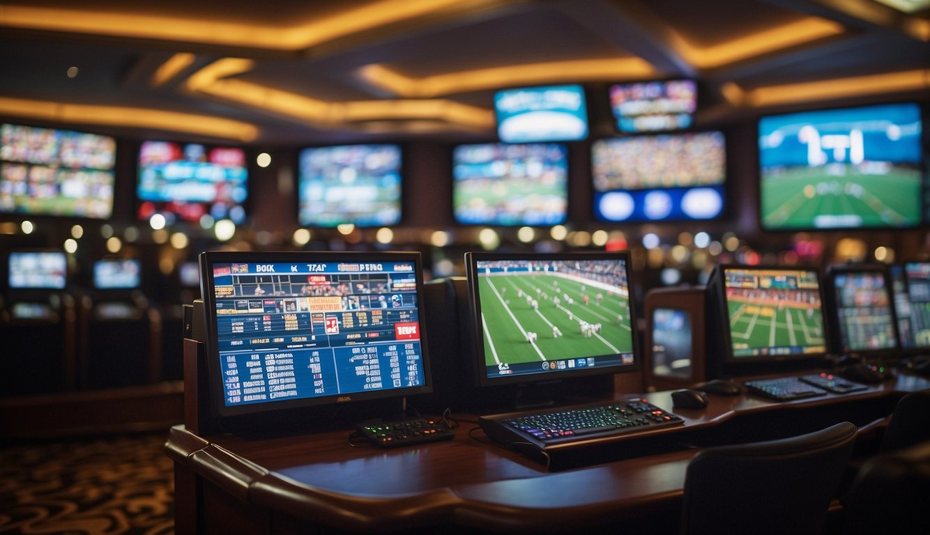 A bustling sportsbook with prominent betting brands displayed, set against the backdrop of iconic Mississippi landmarks