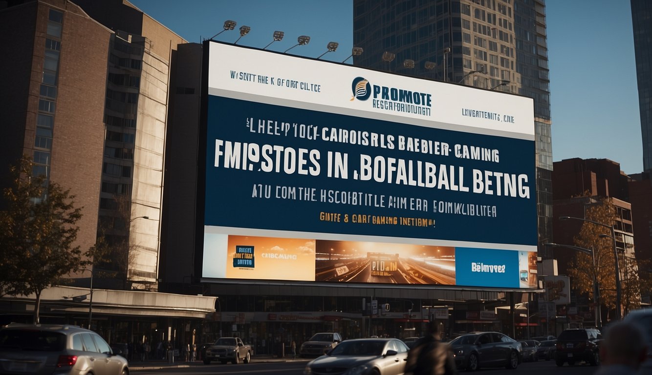 A billboard in a bustling city, with the words "Promote Responsible Gambling" and "Is Sports Betting Legal in Mississippi" in bold, eye-catching font