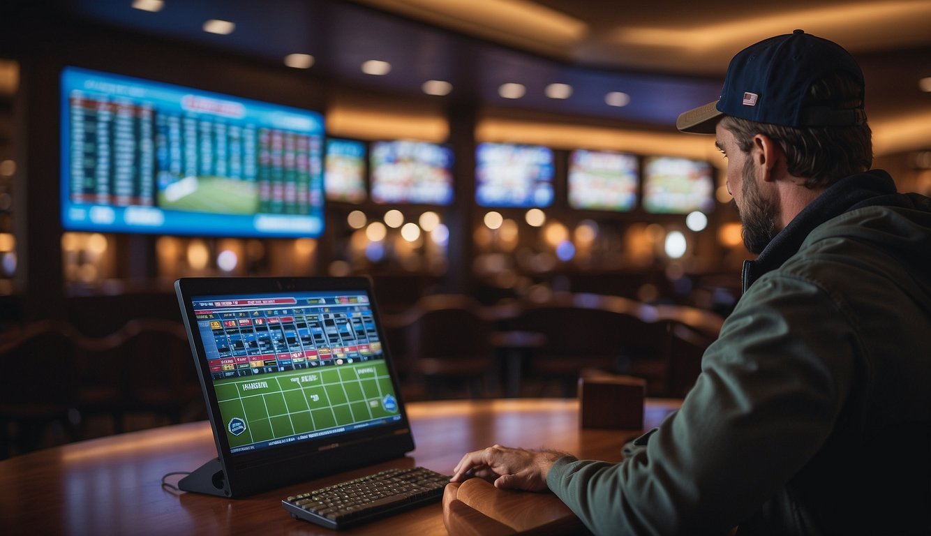 A person placing a bet at a sportsbook in Montana, with a sign displaying "Sports Betting Legal in Montana" prominently in the background