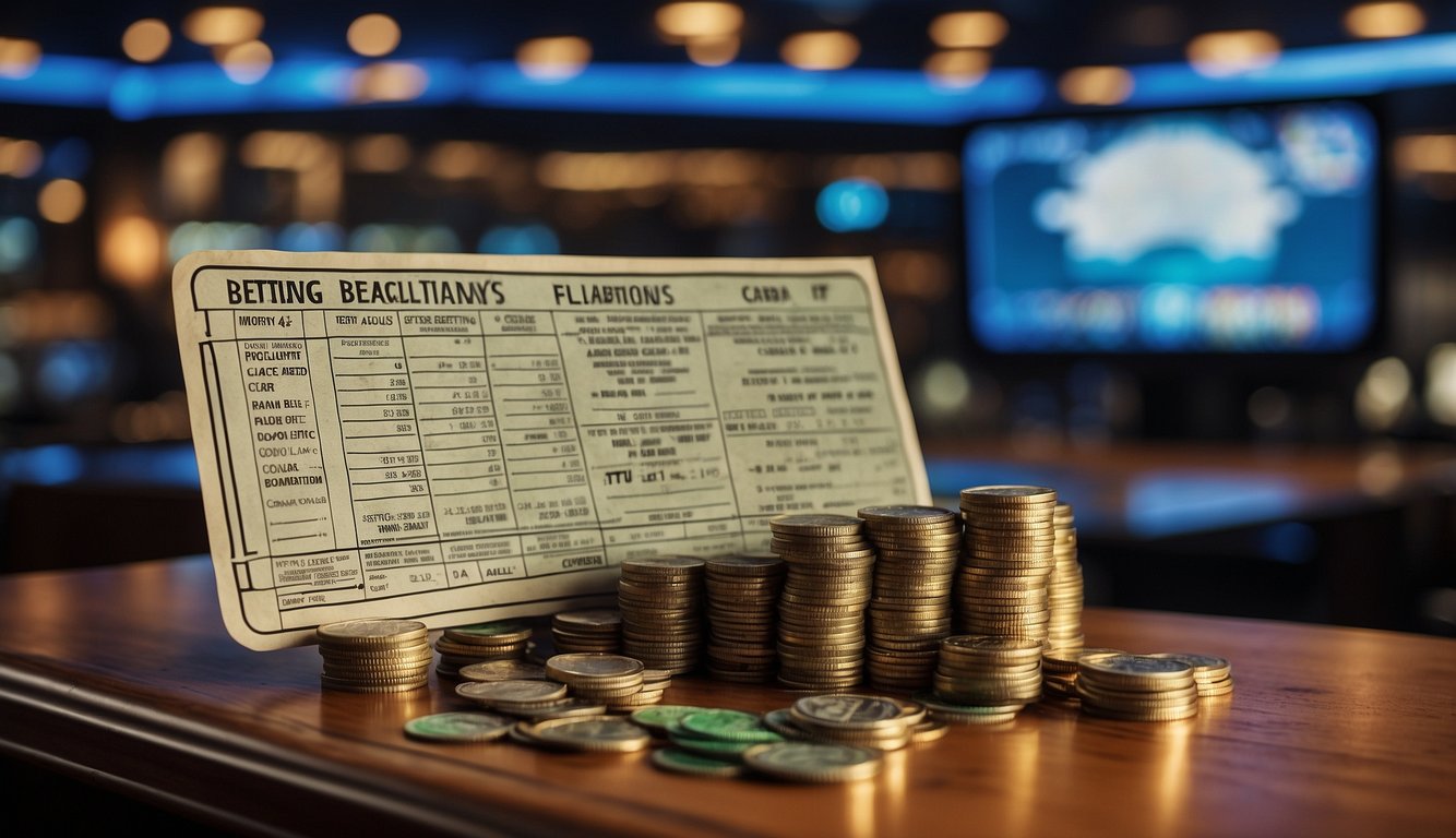 A sports betting board with odds displayed, a stack of betting tickets, and a legal document outlining Montana's sports betting regulations