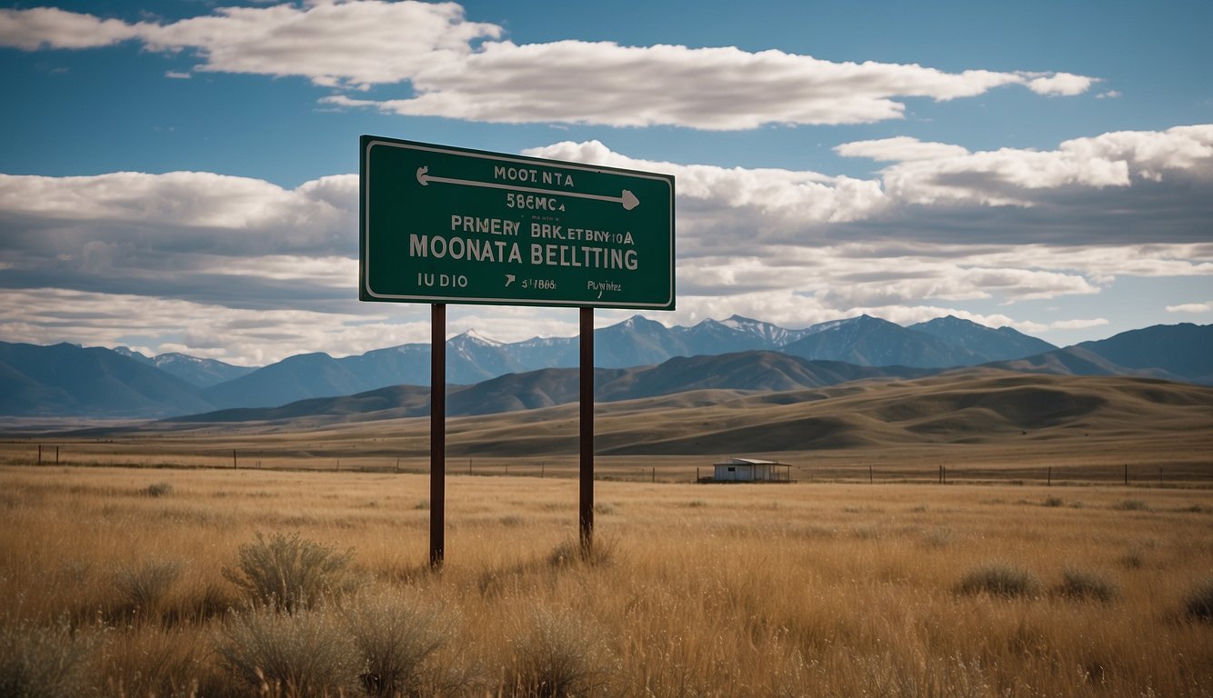 A scenic landscape of Montana with a focus on regulatory signs and symbols, including a prominent "Sports Betting Legal" sign