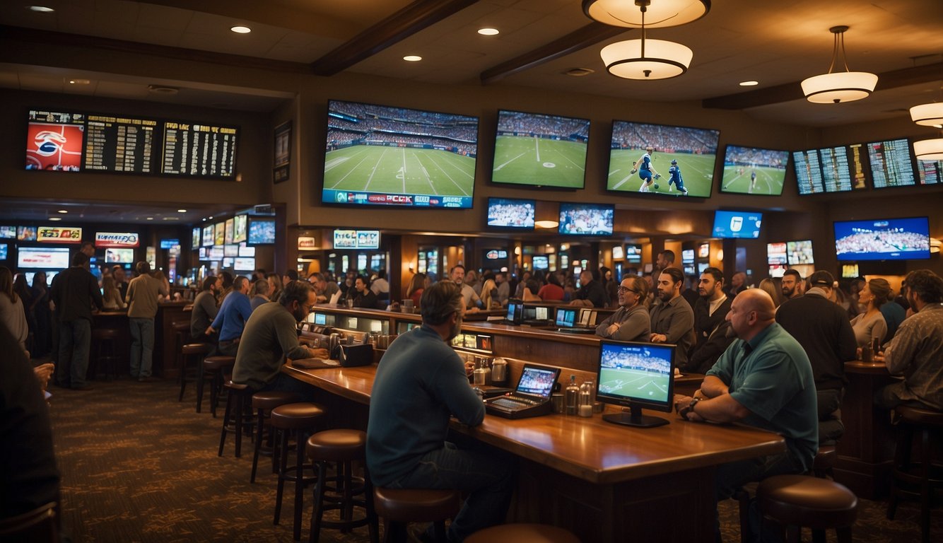 A crowded sports bar in Montana displays multiple TV screens showing live sports events while patrons eagerly place bets at the betting counter