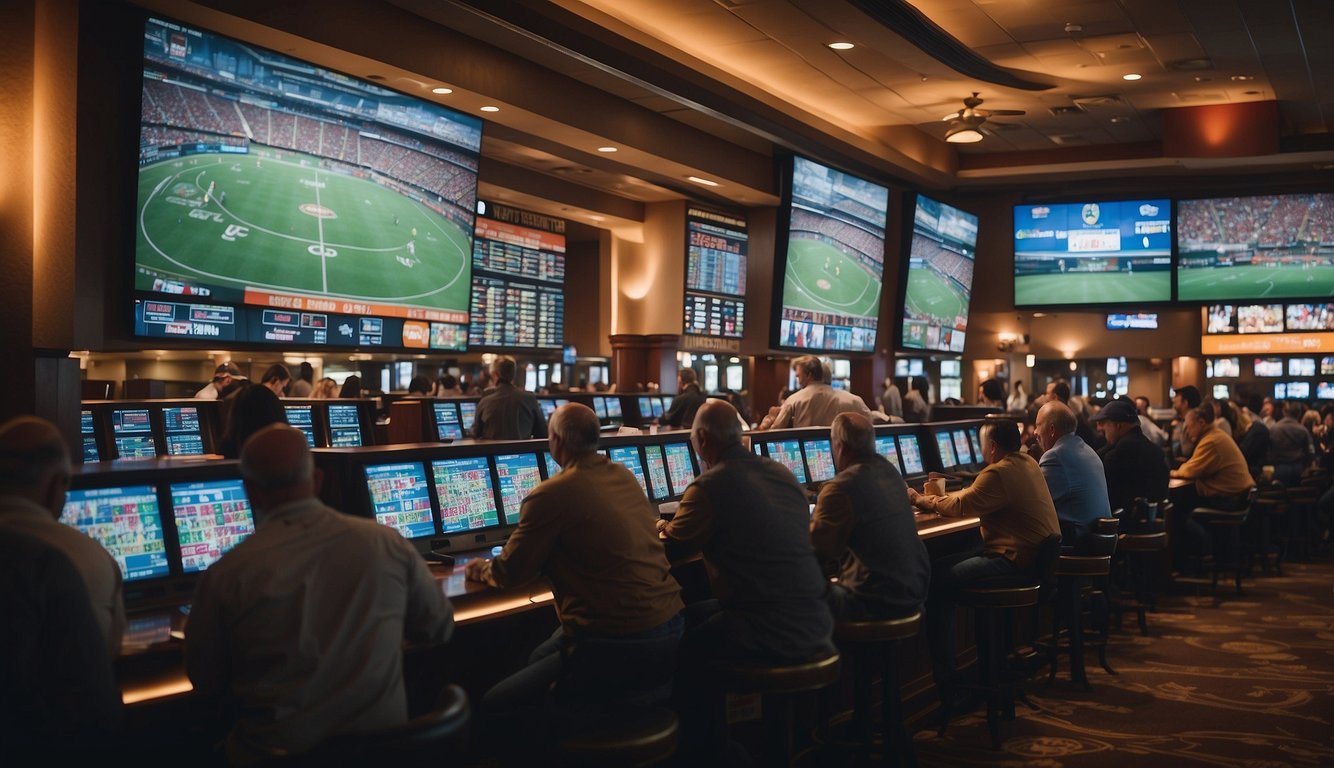 Montana sports betting scene: A bustling sportsbook with digital screens displaying odds, a crowd of excited fans watching a game, and a cashier processing bets