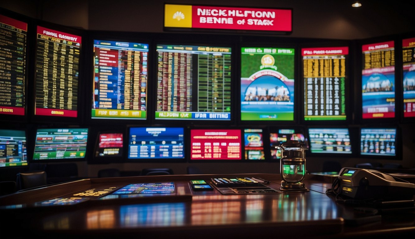 A colorful display of sports betting options with Nebraska landmarks in the background, showcasing the legality and excitement of sports betting in the state