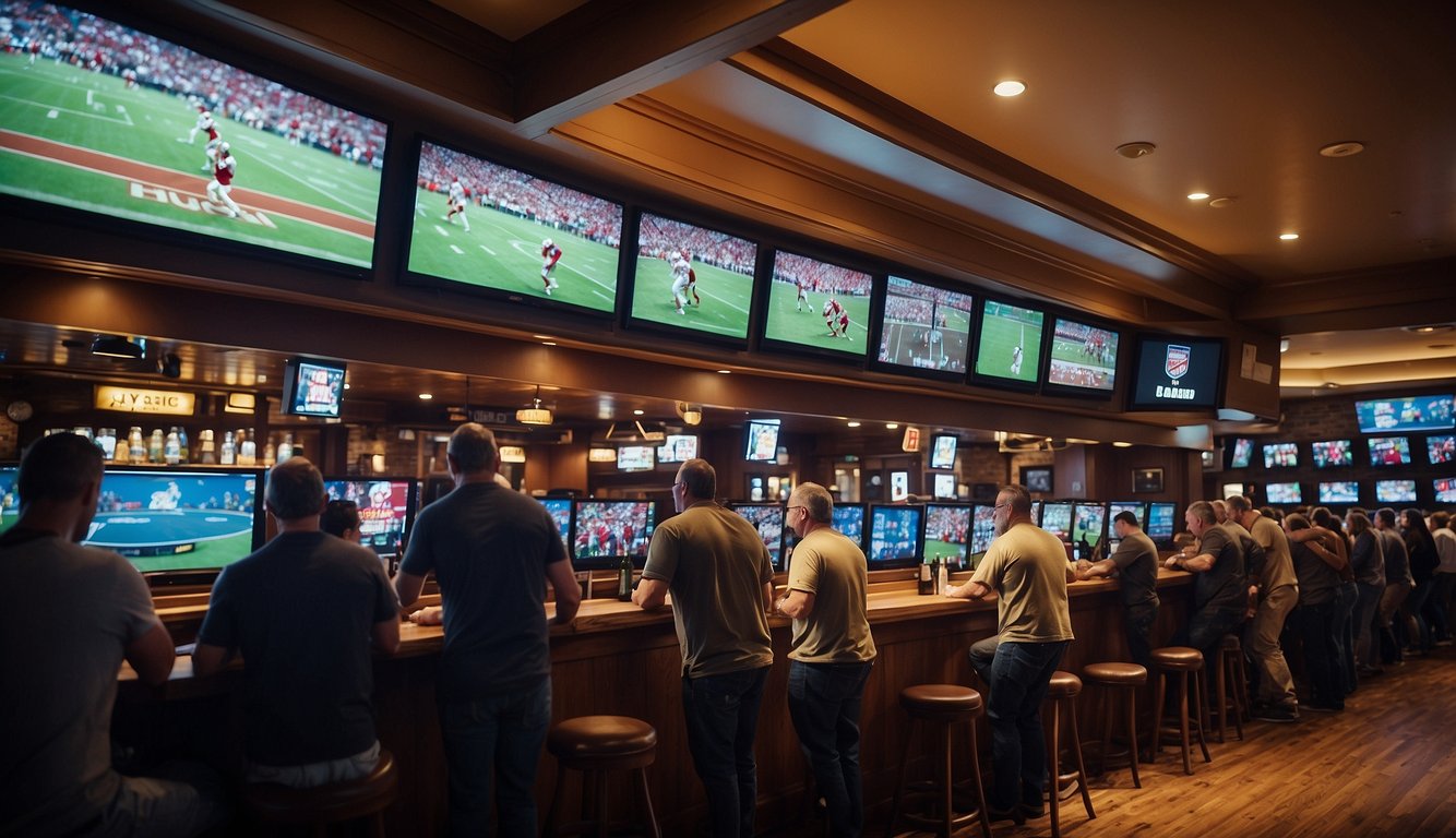 A bustling sports bar in Nebraska shows patrons cheering at multiple TV screens displaying various sports games, while others line up at the betting counter with eager anticipation