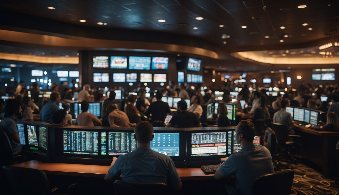 A crowded sportsbook with flashing screens and excited bettors placing wagers at the counter