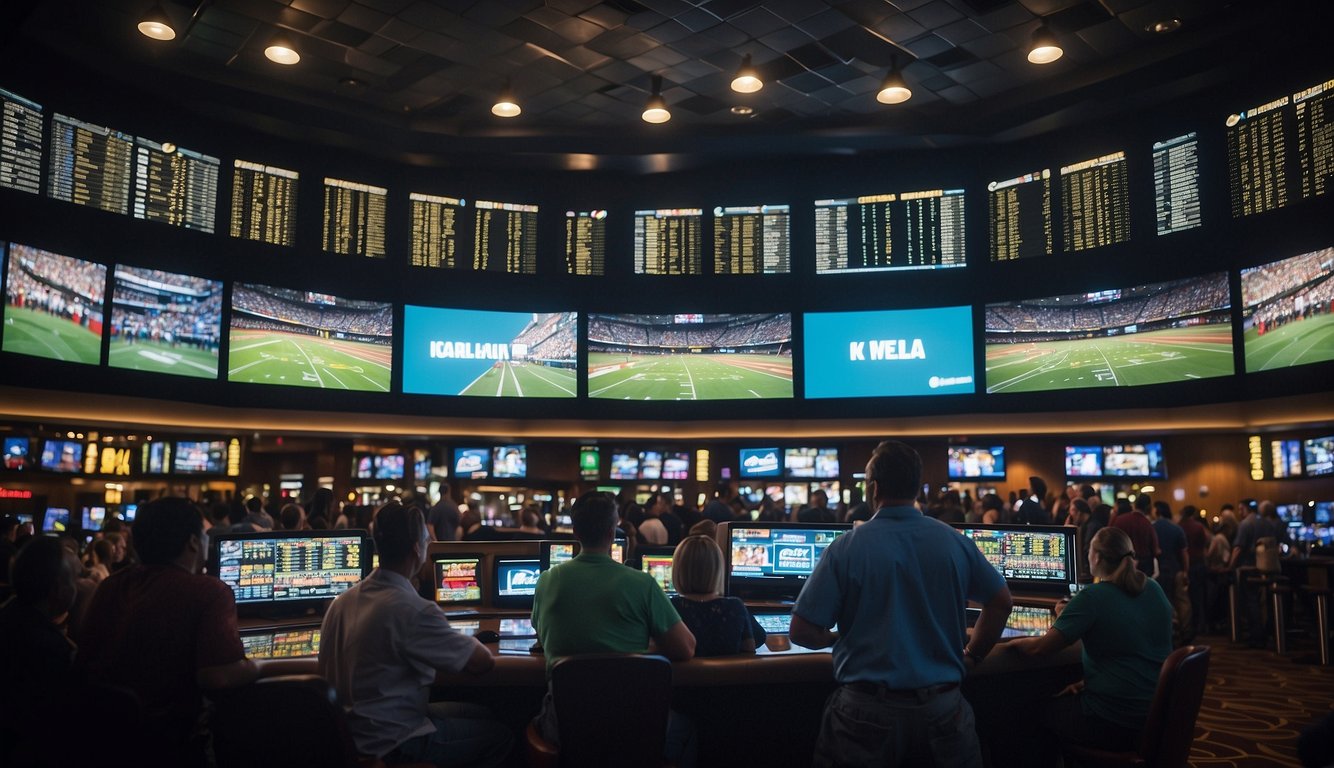 A bustling sportsbook in Nevada with bright screens, odds boards, and a crowd of excited bettors watching games on large TVs