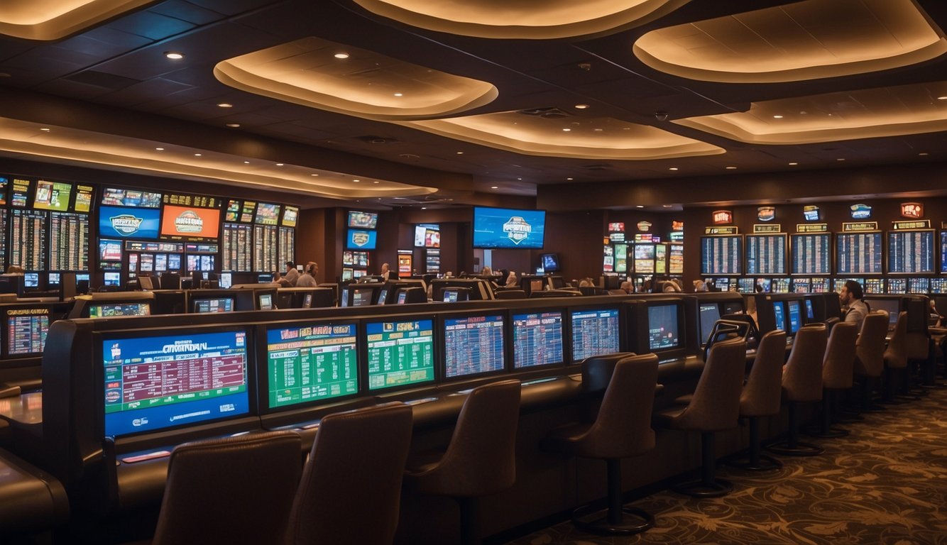 A bustling sportsbook in Nevada with rows of betting windows, large video screens displaying odds, and excited patrons placing wagers