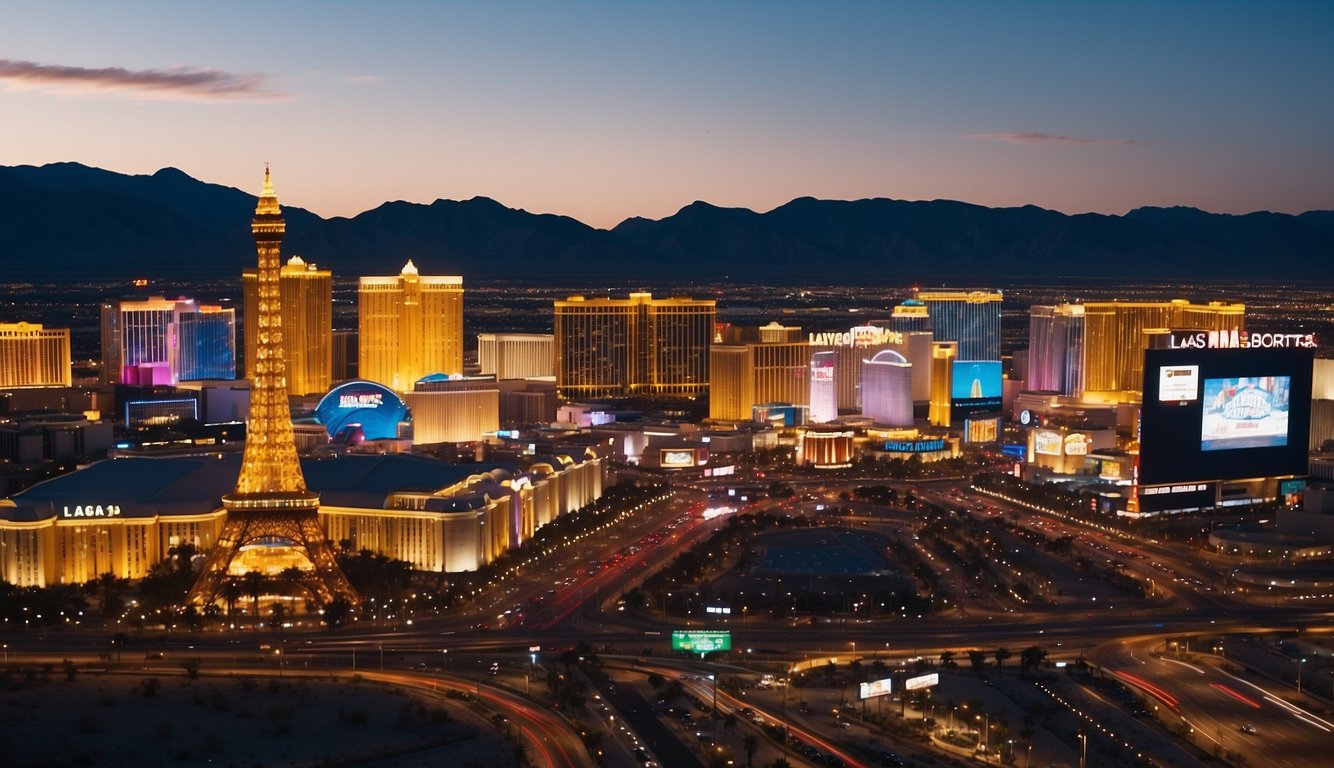 A panoramic view of the Las Vegas strip with prominent casino buildings, sports betting establishments, and signs displaying "Legal Sports Betting in Nevada."