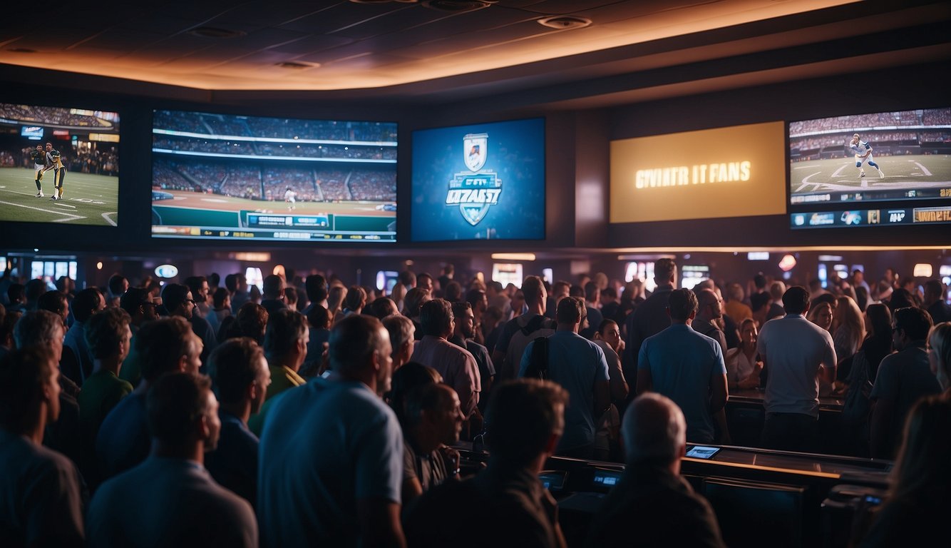 A crowded sportsbook with neon signs, cheering fans, and flashing screens. A line of people waiting to place bets. A banner advertising promotions and bonuses