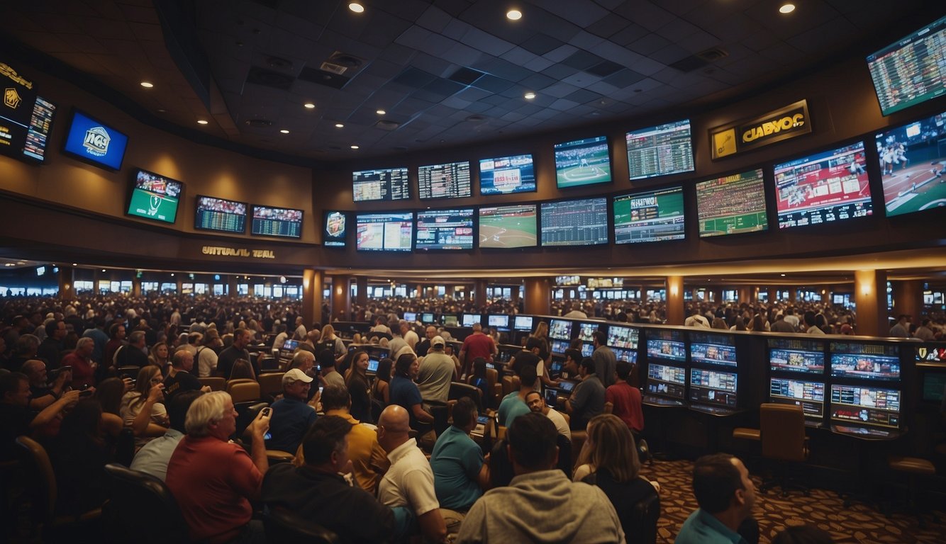 A bustling sportsbook in Nevada, with crowds of people placing bets and cheering for their teams, showcasing the economic impact of sports betting