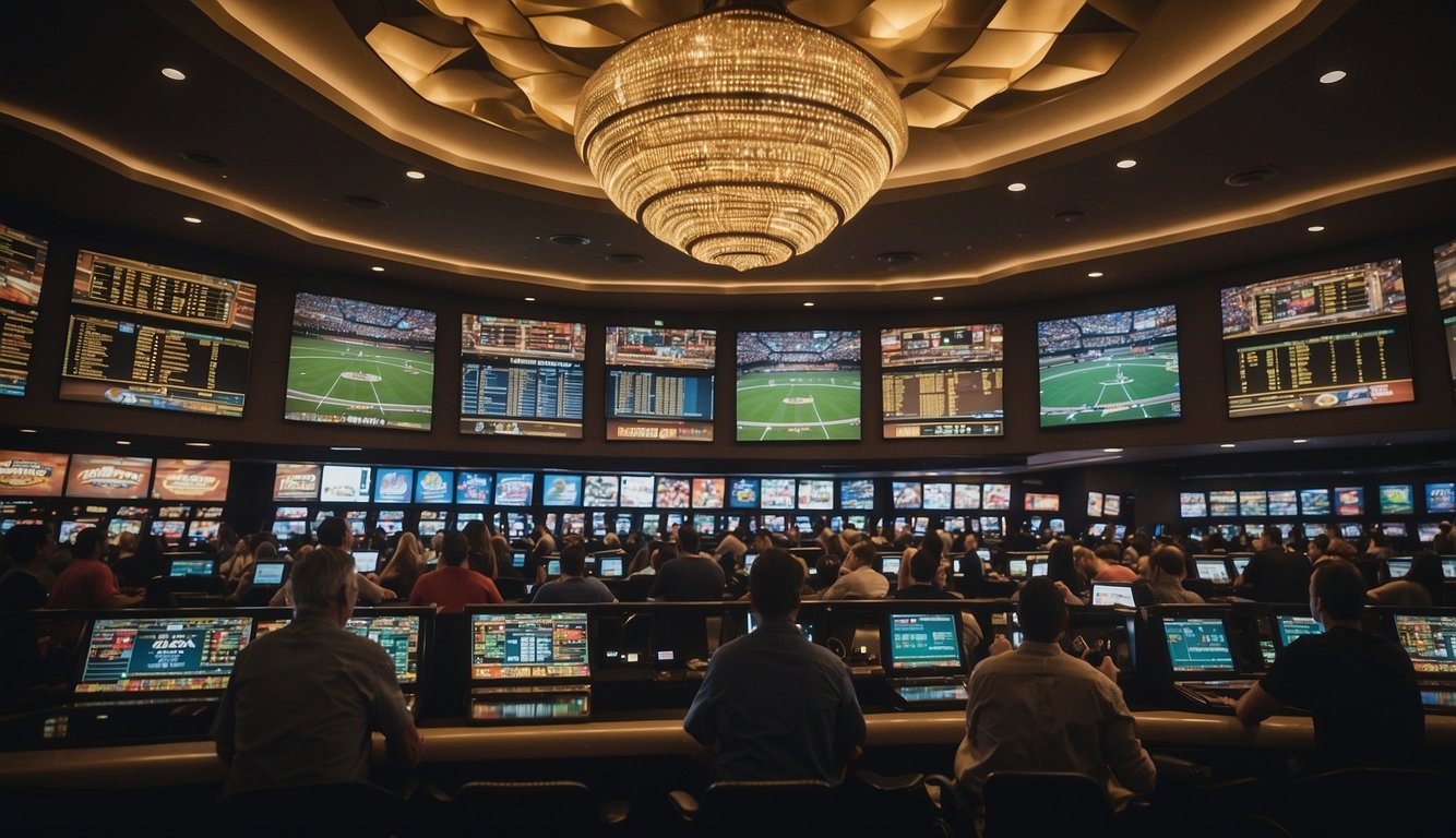 A bustling sportsbook in Nevada with bright lights, large screens displaying odds, and a crowd of excited bettors placing wagers