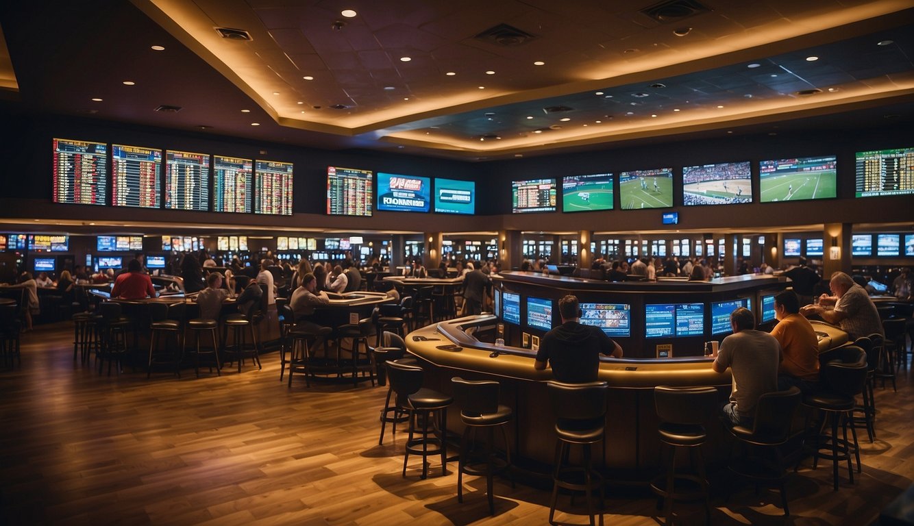 A bustling sportsbook in Nevada, with bright lights and large screens displaying odds and games. Patrons eagerly place bets at the counters and gather around the TVs