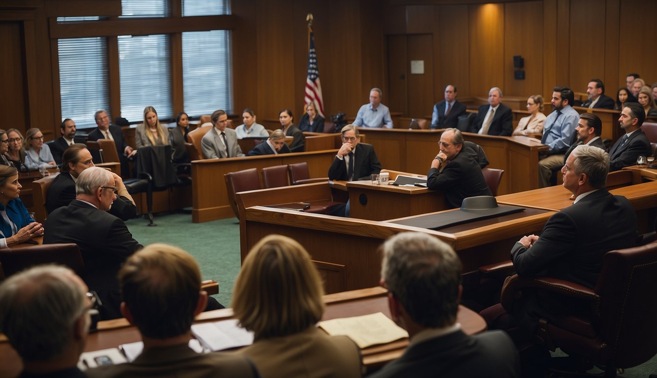 A courtroom with a judge presiding over a case on sports betting legality in New Hampshire. Lawyers present arguments as onlookers watch