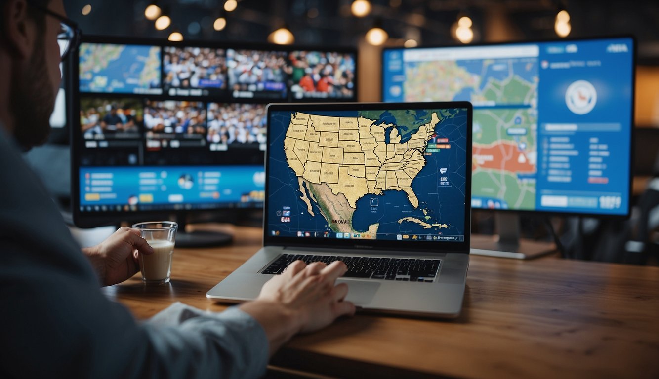 A person holding a New Hampshire state map with a sports betting website displayed on a laptop, surrounded by sports equipment and cheering fans