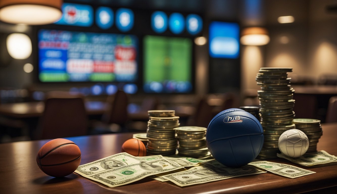 Various sports icons and symbols surround a "Betting Markets" sign, while a legal document with "New Hampshire" on it is visible in the background