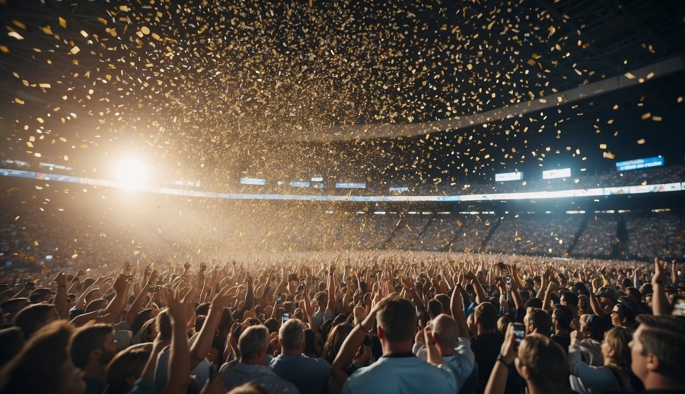 A crowd celebrates with confetti and banners in a sports stadium. Signs display "Promotions and Bonuses" and "Is Sports Betting Legal in New Hampshire."