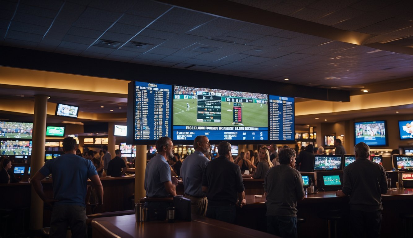 A large sign reading "Sports Betting Legal in New Hampshire" is prominently displayed outside a bustling sportsbook. Patrons eagerly place bets at the counter while others watch live games on big screens