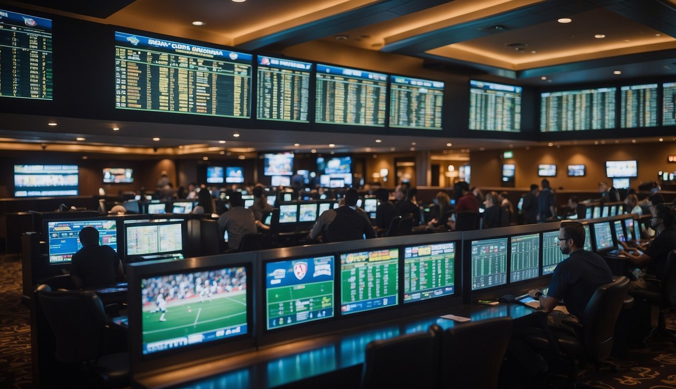 A bustling sportsbook with bettors placing wagers, large screens displaying odds, and staff assisting customers