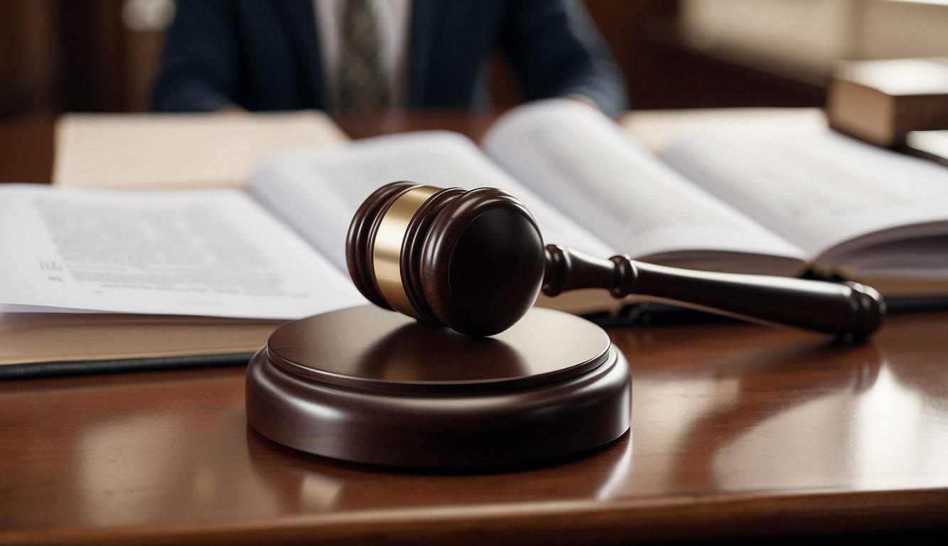 A gavel striking a sound block in a courtroom with legal documents and regulations on a desk