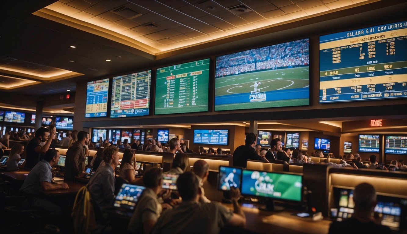 People celebrating at a sportsbook in Oklahoma, with a large screen displaying odds and a counter for placing bets