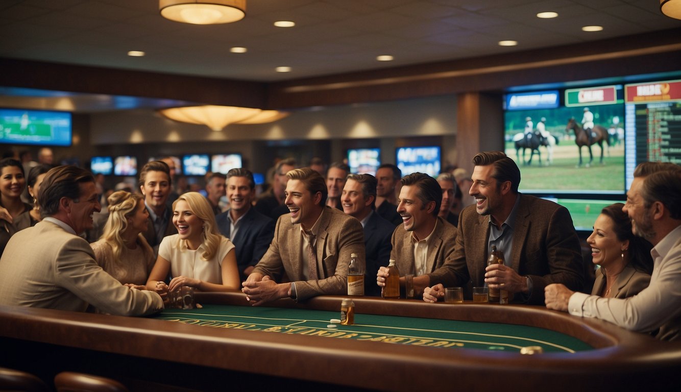 A group of people gather around a lively horse race, placing bets and cheering on their chosen steeds. In the background, a sign reads "Sports Betting Legal in Oklahoma."