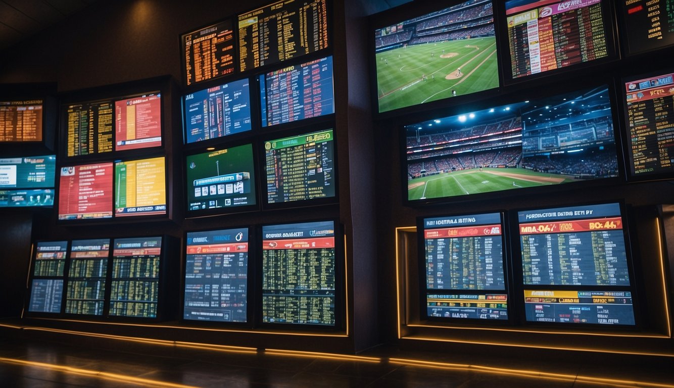 A colorful array of sports betting options displayed on a digital screen in a vibrant Oklahoma sportsbook. Odds, teams, and betting types are clearly visible