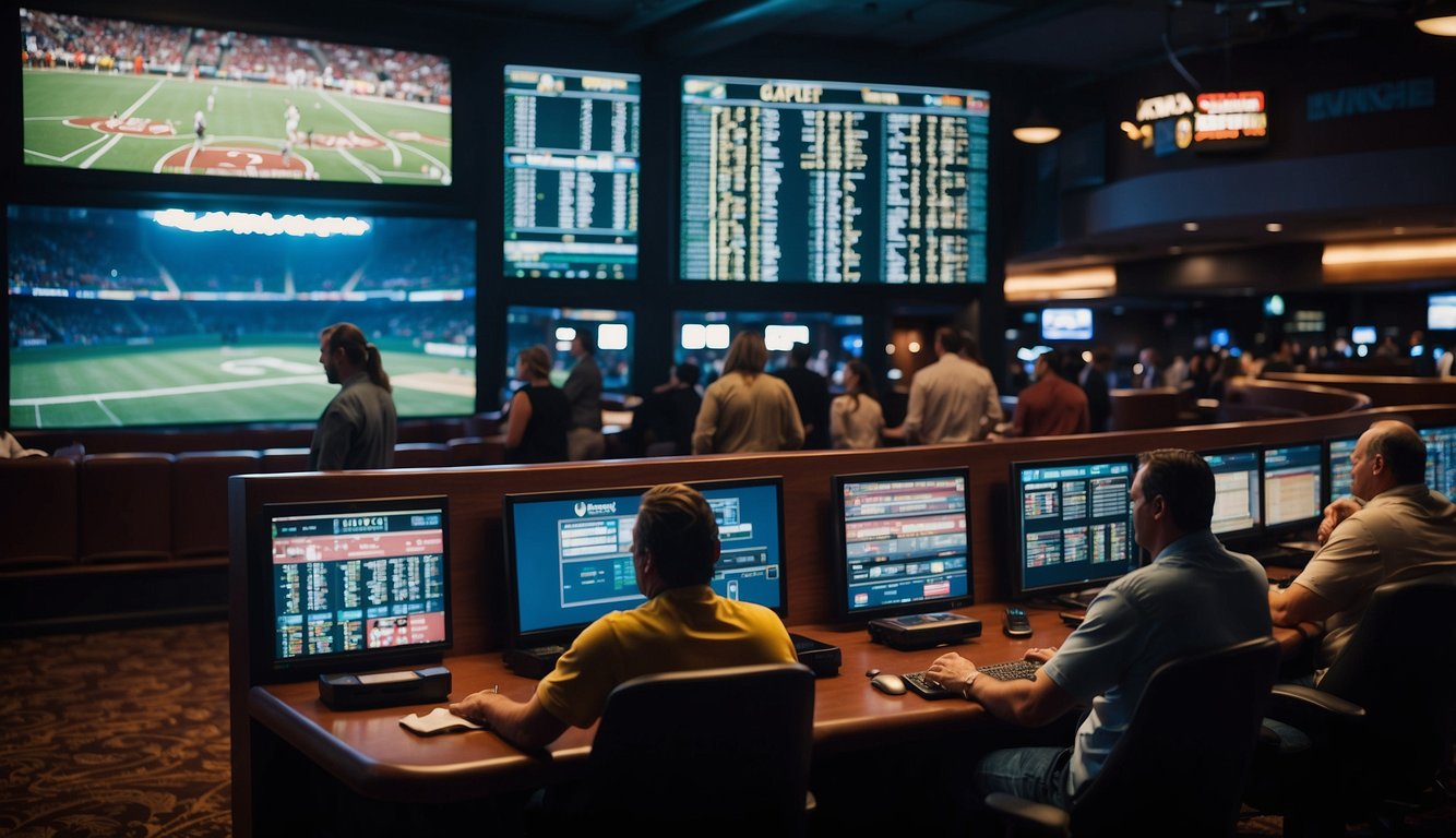 A bustling sports arena with fans placing bets at a licensed sportsbook in Oklahoma, while tax officials monitor the transactions