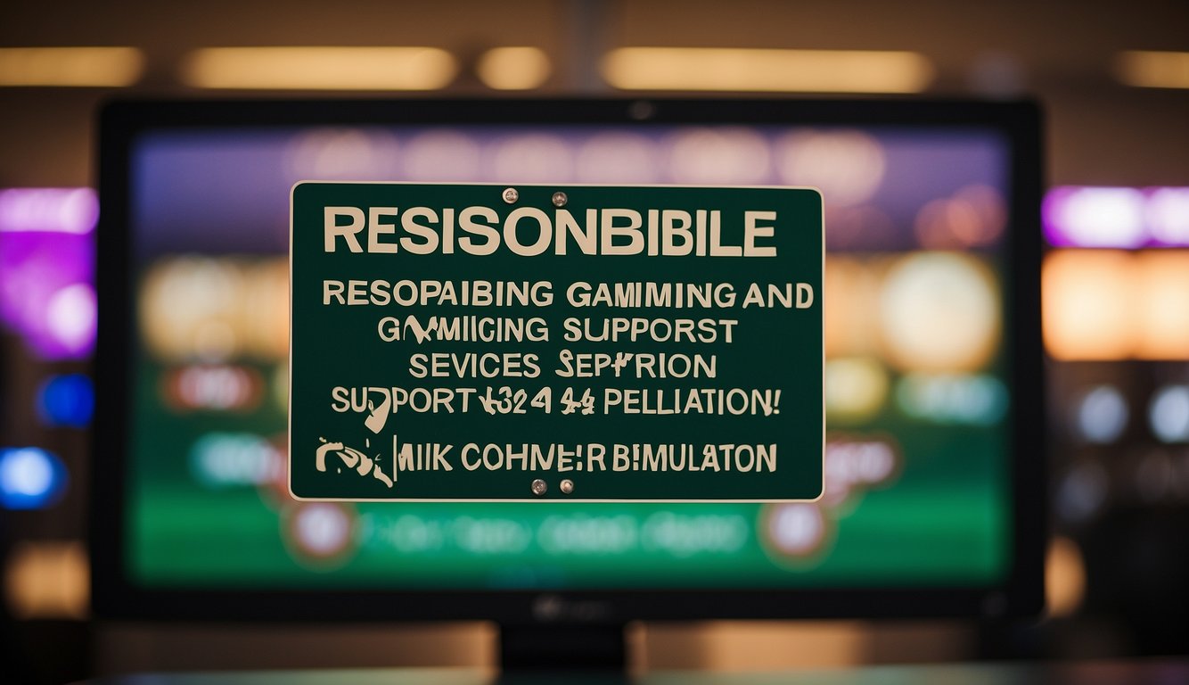 A sign reading "Responsible Gaming and Support Services" with a backdrop of Oklahoma's legal sports betting regulations