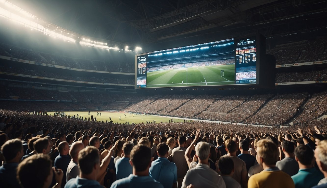 A crowded sports stadium with cheering fans and a large electronic scoreboard displaying various popular sports and betting markets