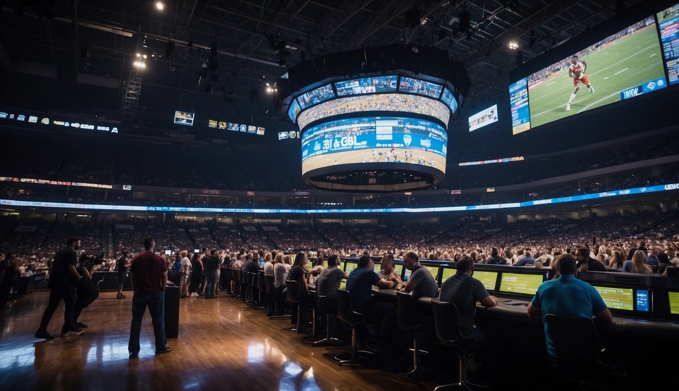 A bustling sports arena in Oklahoma with bright lights and excited fans, as a large digital board displays sports betting odds and information