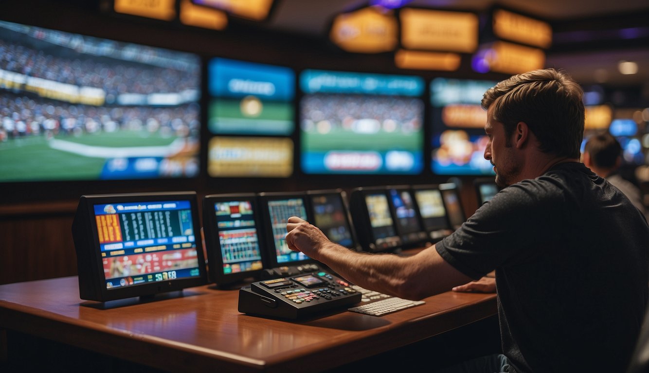 A person placing a bet at a sportsbook in Oregon, with a sports event playing on a TV screen in the background